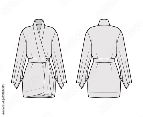 Kimono robe technical fashion illustration with long wide sleeves, belt to cinch the waist, above-the-knee length. Flat apparel blouse template front back grey color. Women men unisex CAD shirt mockup
