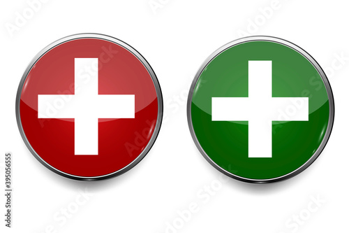 Medical cross button in flat style on light background. Red cross sign. Health care. Shield icon vector. Stock image.