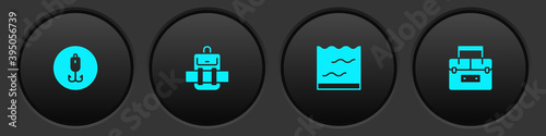 Set Fishing hook, Hiking backpack, Aquarium and Case container for wobbler icon. Vector.