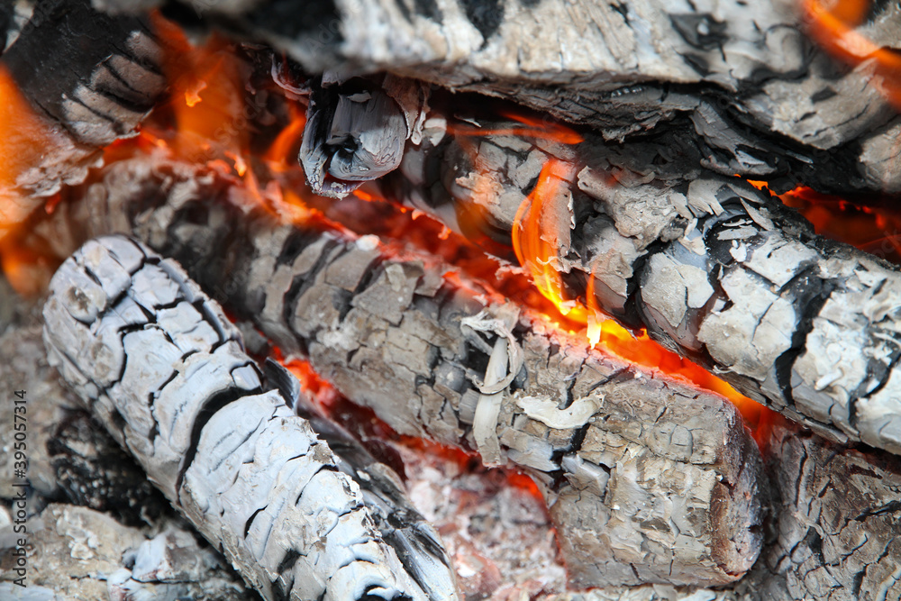 Glowing embers in hot red color, abstract background. The hot embers of burning wood log fire. Firewood burning on grill. Texture fire bonfire embers.