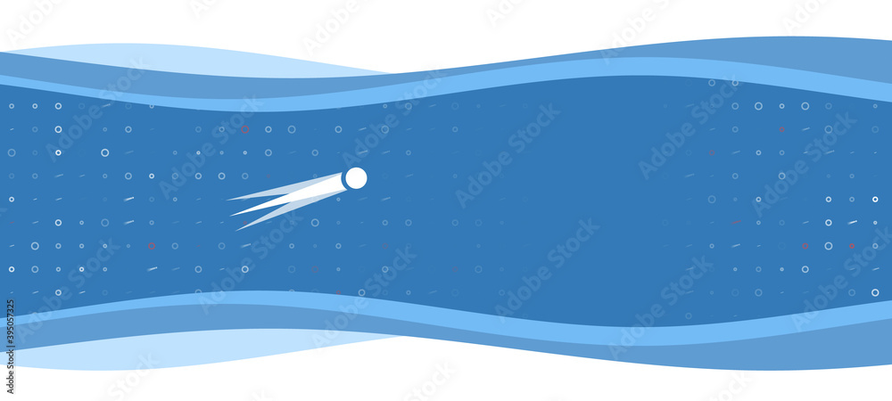 Blue wavy banner with a white comet symbol on the left. On the background there are small white shapes, some are highlighted in red. There is an empty space for text on the right side Blue wavy banner with a white comet symbol on the left. On the background there are small white shapes, some are highlighted in red. There is an empty space for text on the right side