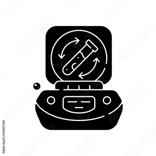 Lab centrifuge black glyph icon. Spinning vessel containing material at high speed. Fluids, liquid separation. Laboratory equipment. Silhouette symbol on white space. Vector isolated illustration