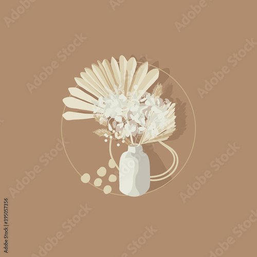 Dried Sun Fan Palms. Small Pampas Grass and White Thistle Bouquet.Bohemian cream flowers in a white vase. Dry hydrangea. Dried flower bunches, BLUSH Dry preserved. Dried lagurus