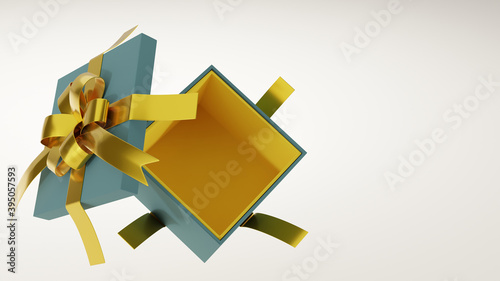open gift box blue and yellow color tie with golden ribbon on creamy white background
