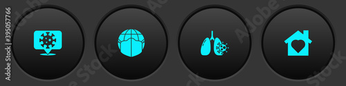 Set Corona virus on location, Earth with medical mask, Virus cells in lung and House heart inside icon. Vector.