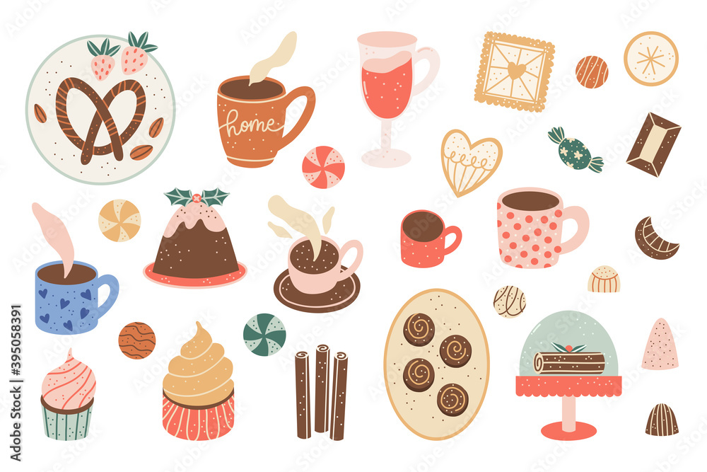 Set of cute and cozy Christmasfood in vector format isolated on white background. Set of cute and cozy Christmasfood in vector format isolated on white background.