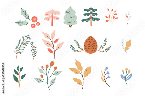 Collection of winter foliage vector design elements, cute pastel colored flowers and leaves.