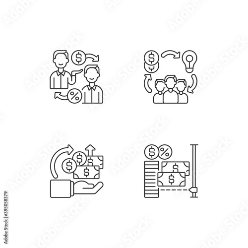 Digital crowdfunding platforms linear icons set. Peer to peer lending strategy. Help people with money. Customizable thin line contour symbols. Isolated vector outline illustrations. Editable stroke