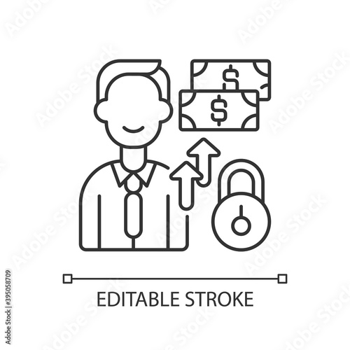 Private donor linear icon. People who donate through penny drives or million dollar endowments. Thin line customizable illustration. Contour symbol. Vector isolated outline drawing. Editable stroke
