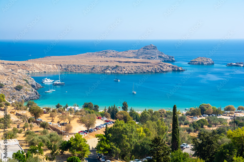 view on blue bay in Lindos on Rhodes island in Greece