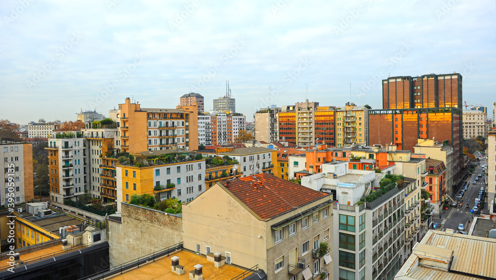 The skyline of Milan at sunrise. Panoramic view of the city of Milan, Italy. Milan cityscape.