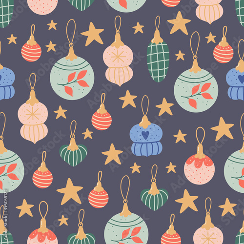 Christmas seamless pattern with beautifull colorful holiday ornaments.