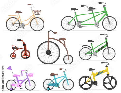 Modern and retro bicycles flat set for web design. Cartoon drawing old cycles and cute bikes in bright colors isolated vector illustration collection. Transport, cycling and race concept