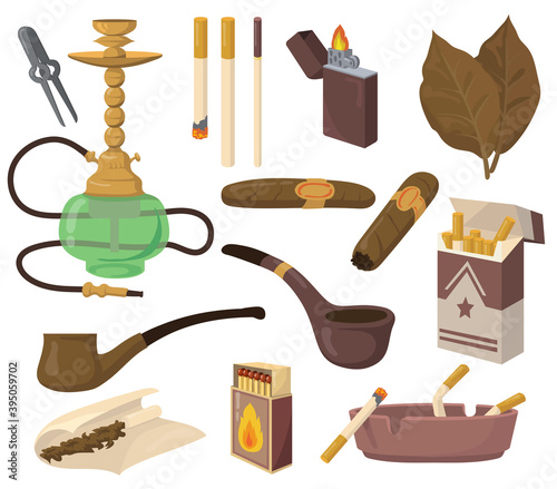 Smoking accessories set. Tobacco leaves, cigarettes, hookah, cigar, pipe, ashtray isolated on white background. Vector illustrations collection for drug, nicotine addiction, harmful habit concept