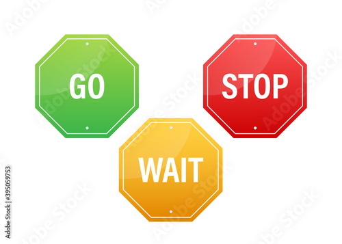 Go, wait, and stop traffic signs. Color set. Vector stock illustration.