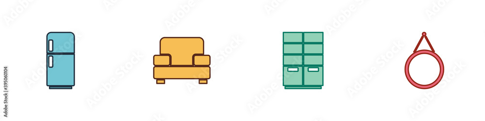 Set Refrigerator, Armchair, Wardrobe and Mirror icon. Vector illustration Set Refrigerator, Armchair, Wardrobe and Mirror icon. Vector illustration
