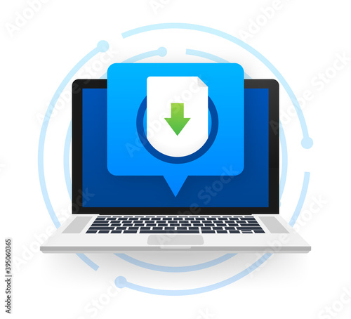 Laptop and download file icon. Document downloading concept. Trendy flat design graphic with long shadow. Vector illustration.