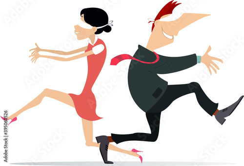 Blindfold woman and man look for one another concept illustration.  Smiling blindfold man and woman with arms ahead look for one another isolated on white 
