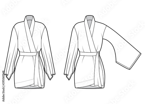 Set of Kimono robe technical fashion illustration with long wide sleeves, belt to cinch the waist, above-the-knee length. Flat blouse template front, white color. Women men unisex CAD shirt mockup