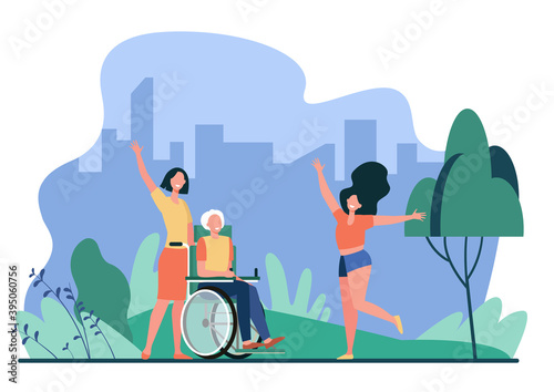 Old man meeting with family. Wheelchair, daughter, granddaughter flat vector illustration. Generations, elderly care, togetherness concept for banner, website design or landing web page