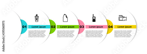 Set line Coffee cup, Household chemicals bottle, Walkie talkie and Cinema camera. Business infographic template. Vector.