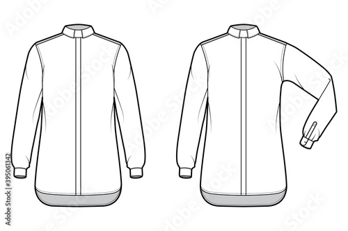 Set of Shirt clergy technical fashion illustration with elbow fold long sleeves, relax fit, concealed button-down, Tab Collar. Flat template front, white color. Women men unisex top CAD mockup
