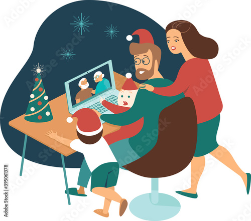 Young family with kids making a distant call to elderly parents on internet during quarantine on Christmas eve. Flat vector illustration for covid-19 pandemic.