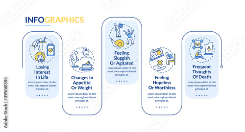 Winter blues symptoms vector infographic template. Apathy, feeling hopeless presentation design elements. Data visualization with 5 steps. Process timeline chart. Workflow layout with linear icons