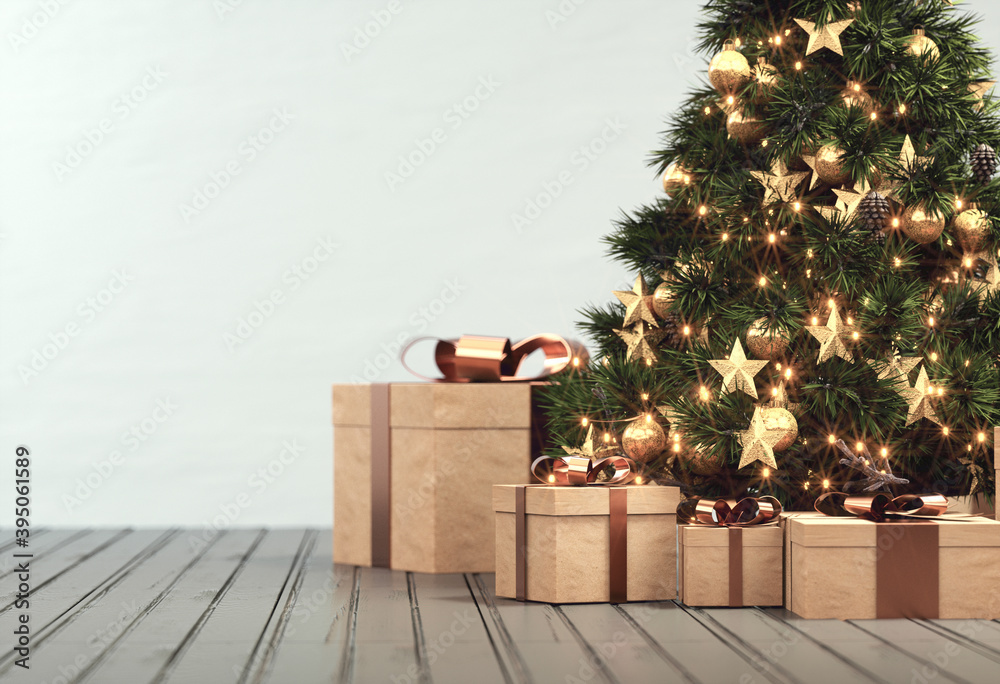 Beautiful Christmas tree with gifts and golden balls.