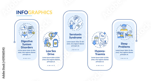 Stimulants side effects vector infographic template. Digestive, sleep problems presentation design elements. Data visualization with 5 steps. Process timeline chart. Workflow layout with linear icons