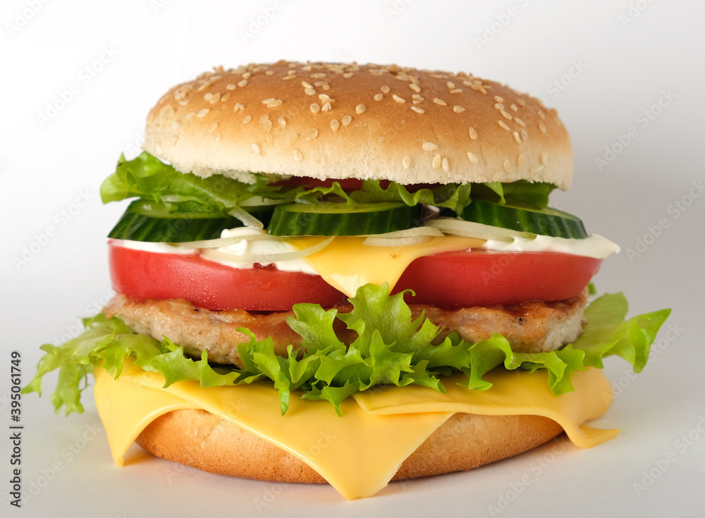 hamburger with meat, cheese, salad and vegetables hamburger with meat, cheese, salad and vegetables
