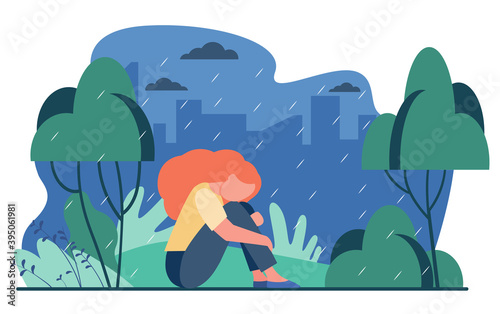 Unhappy girl in rain. Sad woman sitting in rainy park outdoors flat vector illustration. Depression, stress, loneliness concept for banner, website design or landing web page