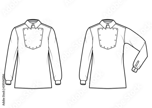 Set of Shirt cavalry Officer technical fashion illustration with bib, elbow fold long sleeves, relax fit, classic collar. Flat wild west style template front, white color. Women men top CAD mockup