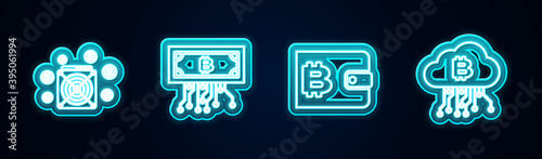 Set line ASIC Miner, Cryptocurrency bitcoin with circuit, wallet and cloud mining. Glowing neon icon. Vector.