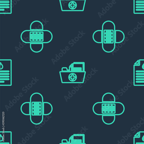 Set line Health record folder, Crossed bandage plaster and Clipboard with blood test on seamless pattern. Vector.