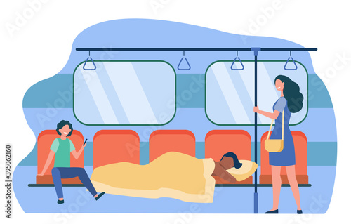 Man sleeping under blanket in subway train. Sleepwalker, homeless, laughing passengers flat vector illustration. Sleep disorder, public transport concept for banner, website design or landing web page