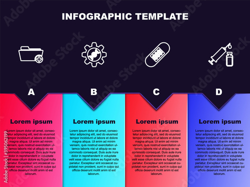 Set line Health record folder, Genetic engineering, Bandage plaster and Medical syringe vial. Business infographic template. Vector.