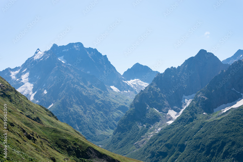 Rocky mountain peaks, close-up, side view. Beautiful natural landscape of the North Caucasus.