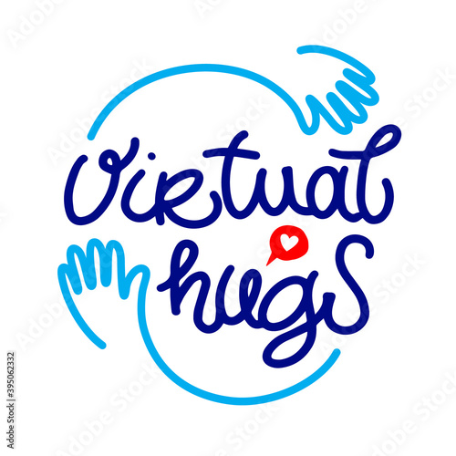 Valokuvatapetti Virtual hugs line icon, calligraphy with hands