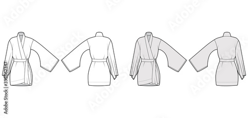 Canvas Print Kimono robe technical fashion illustration with long wide sleeves, belt to cinch the waist, above-the-knee length