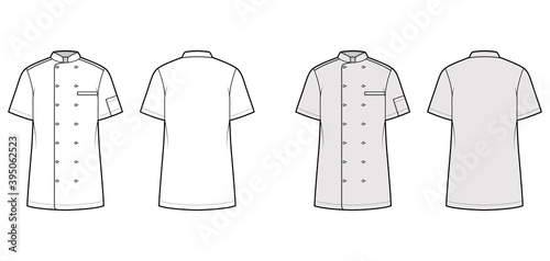 Shirt bakers chefs uniform technical fashion illustration with short sleeves, welt pockets, relax fit, double breasted button-down. Flat template front, back white grey color. Women men top CAD mockup