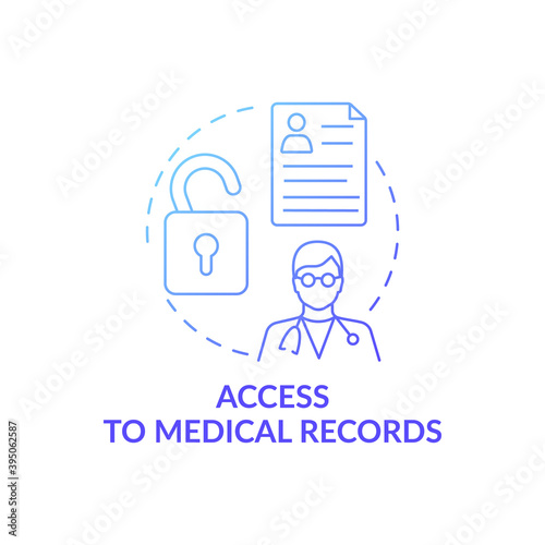 Access to medical records concept icon. Different medicational data about employee health status. Medical care idea thin line illustration. Vector isolated outline RGB color drawing