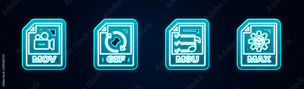 Set line MOV file document, GIF, M3U and MAX. Glowing neon icon. Vector. Set line MOV file document, GIF, M3U and MAX. Glowing neon icon. Vector.