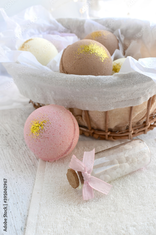Spa resort treatment. Still life image with bath bombs and sea salt. Homemade relax concept. Wellness. Eco bodycare or skincare cosmetics Spa resort treatment. Still life image with bath bombs and sea salt. Homemade relax concept. Wellness. Eco bodycare or skincare cosmetics