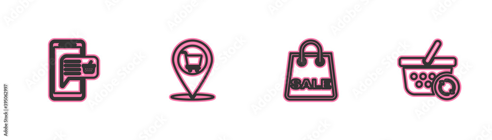 Set line Mobile and shopping basket, Shopping bag with Sale, Location cart and Refresh icon. Vector. Set line Mobile and shopping basket, Shopping bag with Sale, Location cart and Refresh icon. Vector.