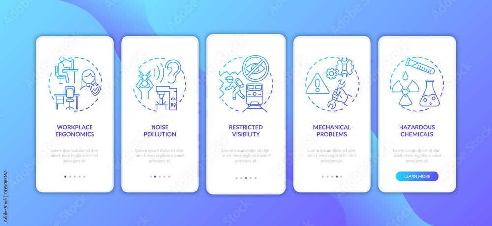 Workplace safety concerns onboarding mobile app page screen with concepts. Mechanical problems walkthrough 5 steps graphic instructions. UI vector template with RGB color illustrations Workplace safety concerns onboarding mobile app page screen with concepts. Mechanical problems walkthrough 5 steps graphic instructions. UI vector template with RGB color illustrations