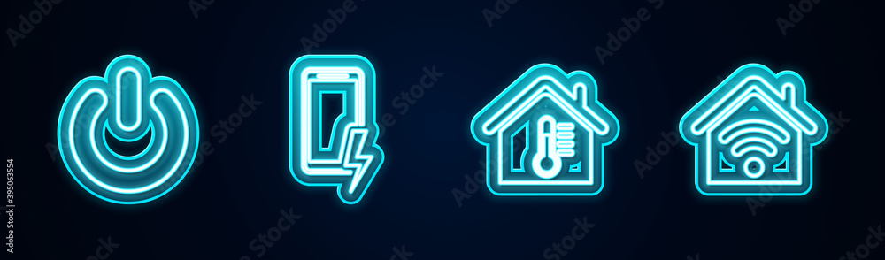 Set line Power button, Mobile charging battery, House temperature and Smart home with wi-fi. Glowing neon icon. Vector. Set line Power button, Mobile charging battery, House temperature and Smart home with wi-fi. Glowing neon icon. Vector.