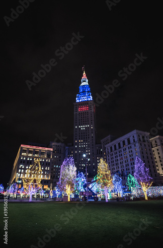 Photography Cleveland public square decorated during the Christmas holiday with lights