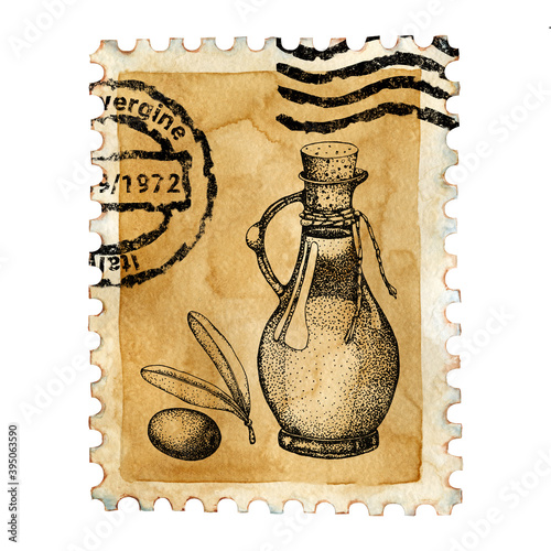 Blank postage stamp, postmark. Container packed with olives. Watercolor hand drawn illustration isolated white background. Mail design, postal correspondence, scrapbooking, postcards, envelopes.