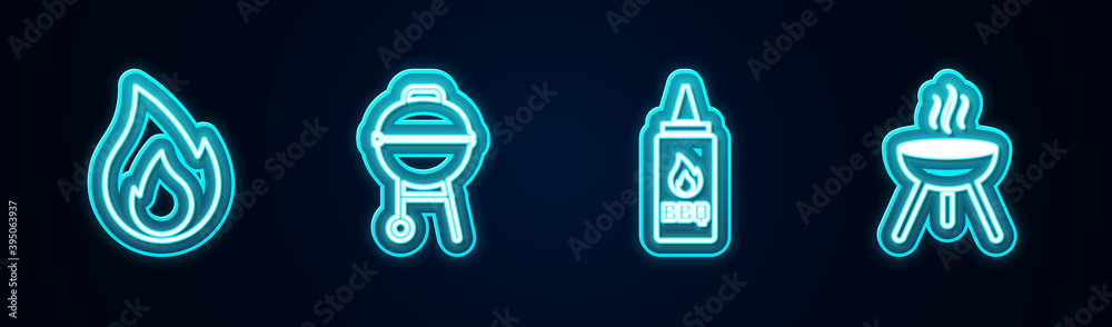 Set line Fire flame, Barbecue grill, Ketchup bottle and . Glowing neon icon. Vector. Set line Fire flame, Barbecue grill, Ketchup bottle and . Glowing neon icon. Vector.